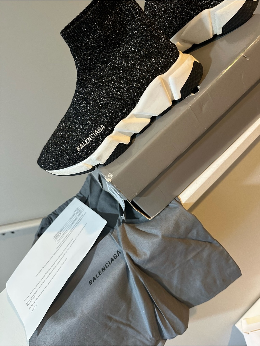 Balenciaga Black Glitter Sock Runner with White Sculpted Sole